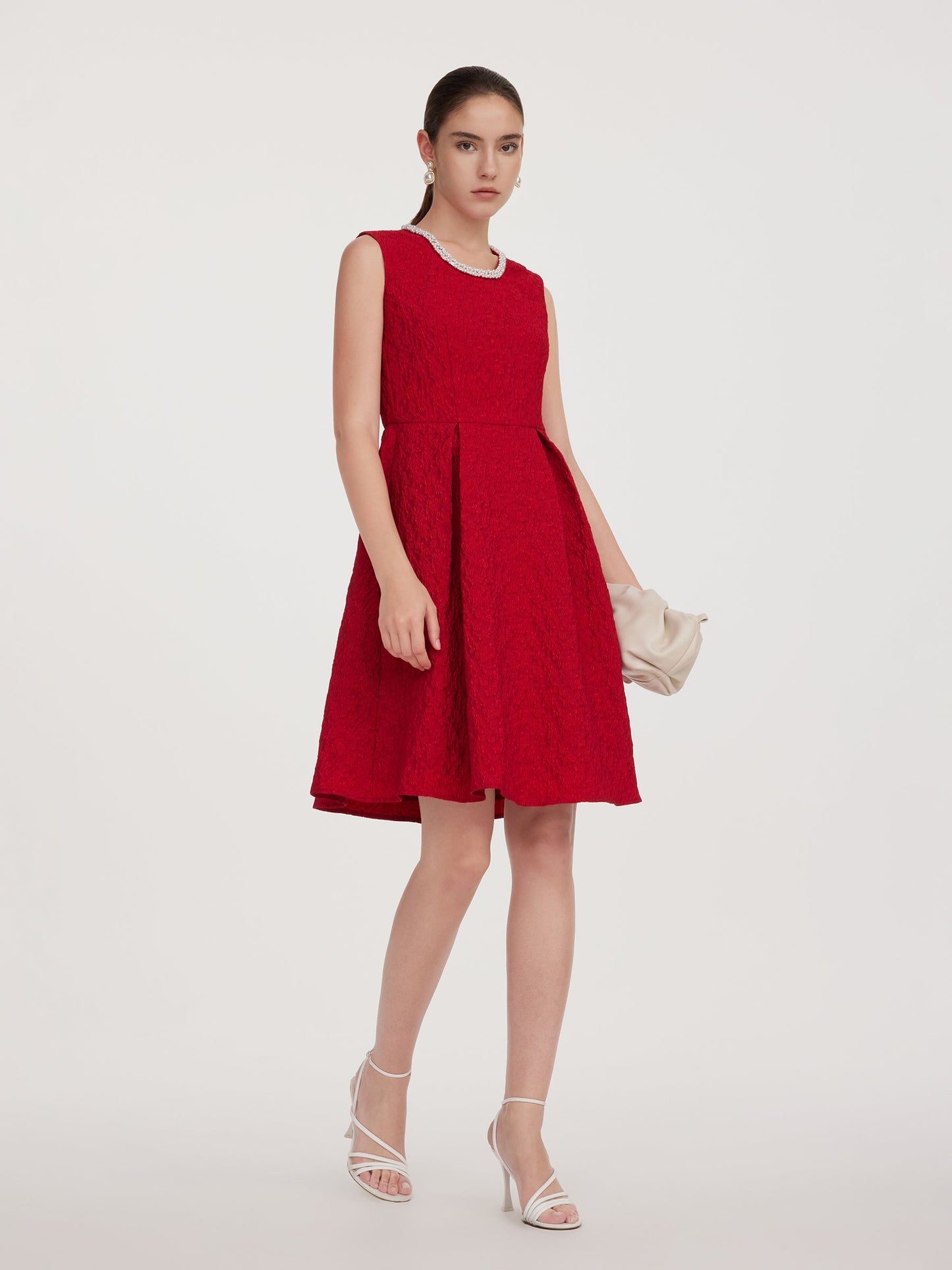 Jacquard Beaded Round Neck Women Sleeveless Mini Dress