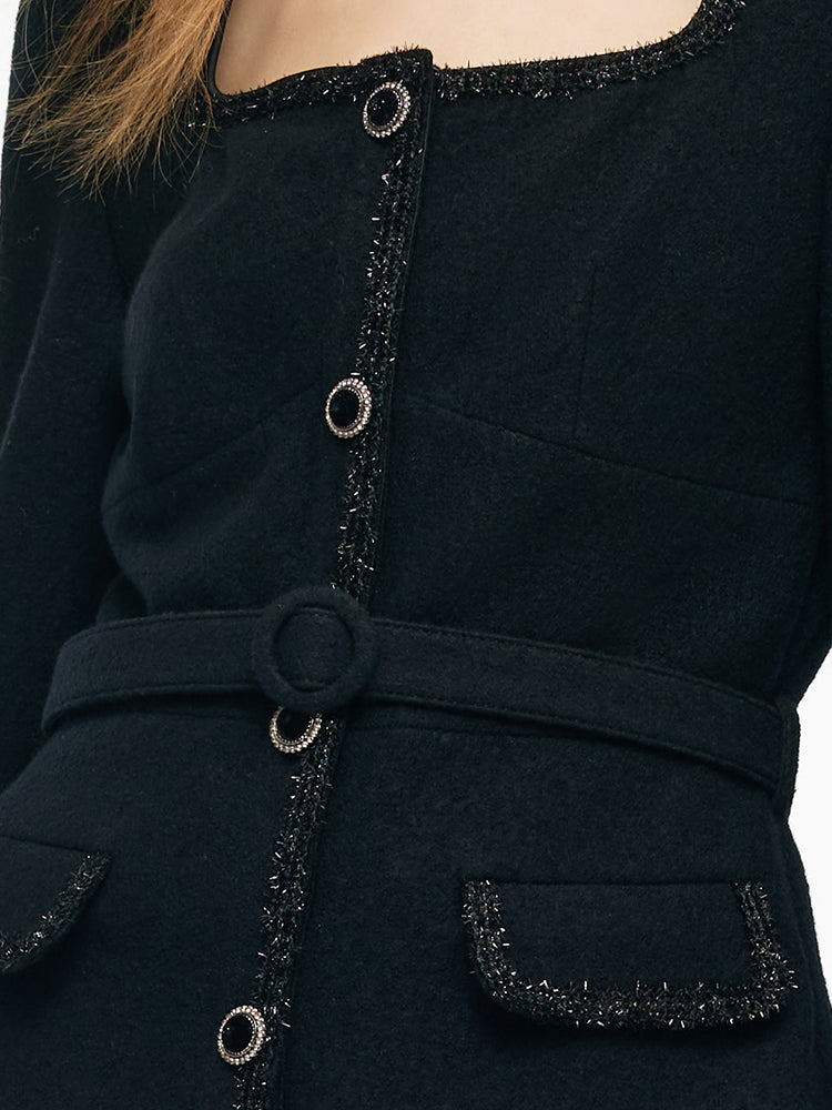 Wool Crop Jacket And Tulle Skirt Two-Piece Set With Belt