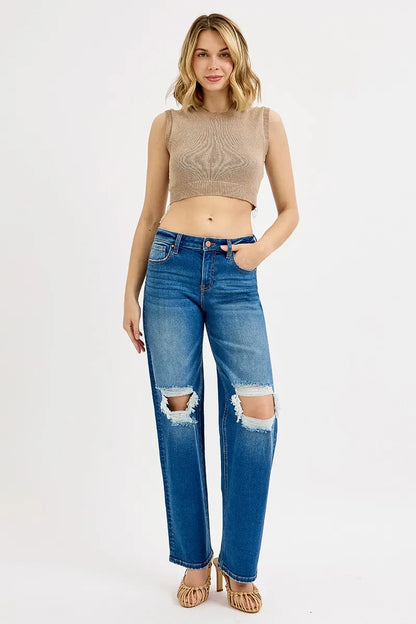 RISEN Full Size Mid Waist Fit Boyfriend Knee Distressed Jeans Plus Size