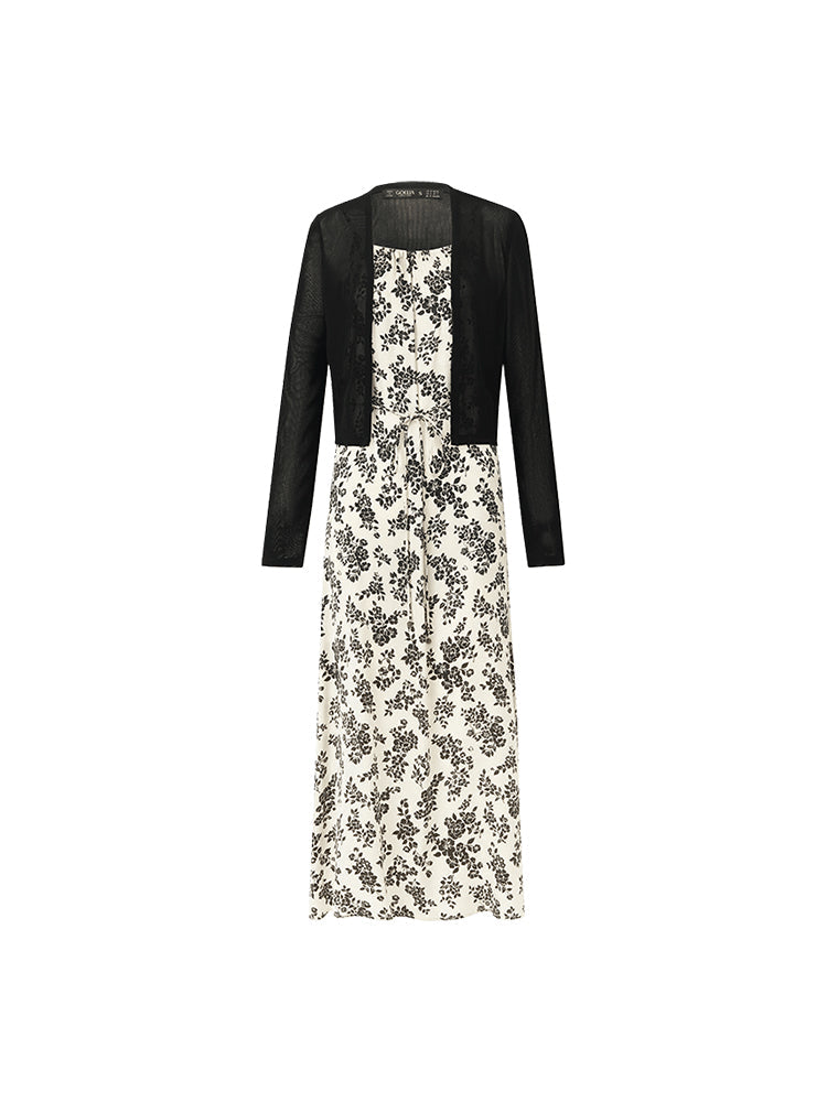 Camellia Print Spaghetti Strap Dress And Knitted Cardigan Two-Piece Set