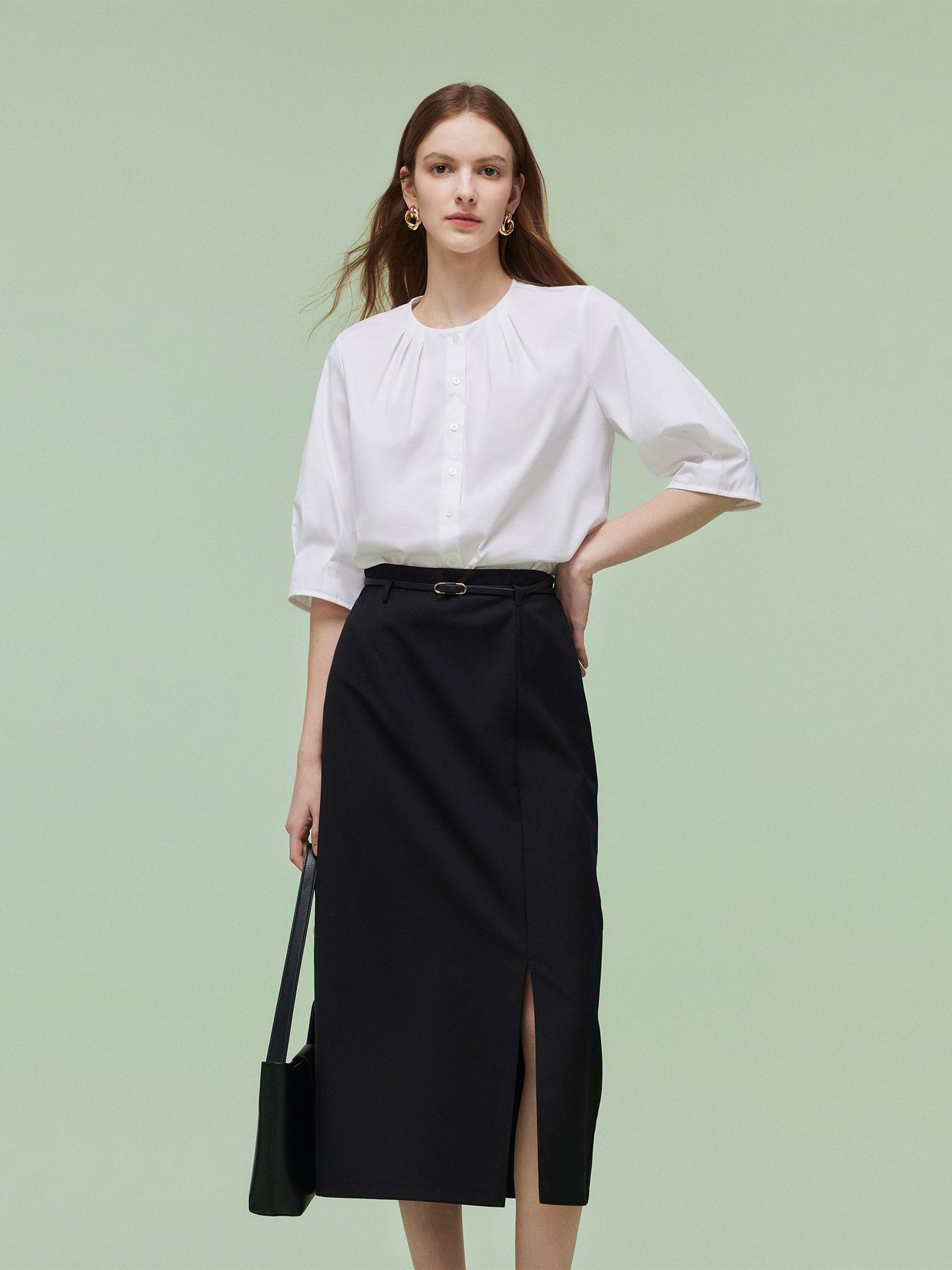 Pre-Order 3/4 Sleeve Shirt And Front Slit Skirt Two-Piece Set With Leather Belt