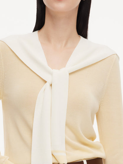Lyocell Wool Blend V-Neck Women Knit Top With Detachable Sailor Collar