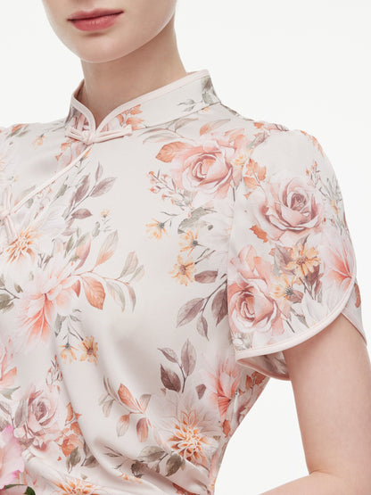 19MM Mulberry Silk Floral Print Women Qipao Midi Dress
