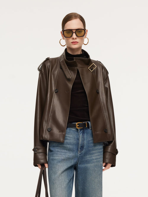 PU Leather Double-Breasted Women Trench Jacket