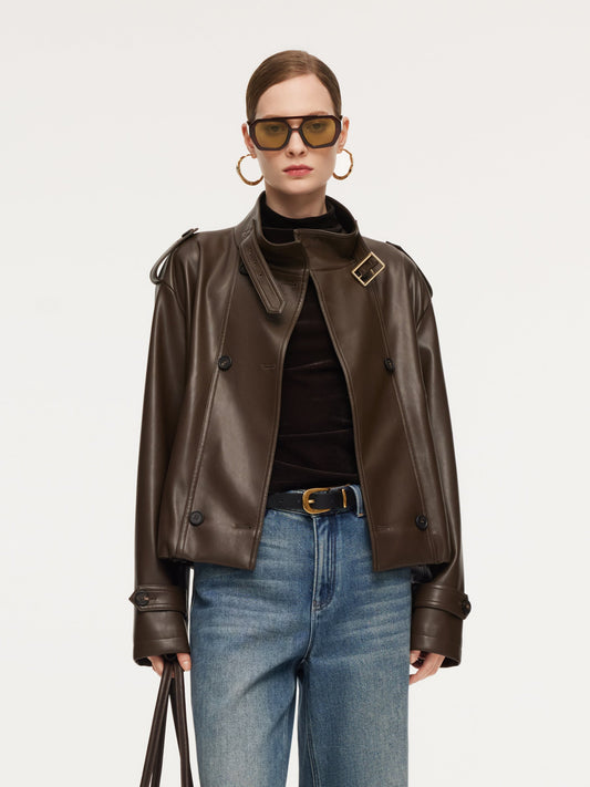 PU Leather Double-Breasted Women Trench Jacket