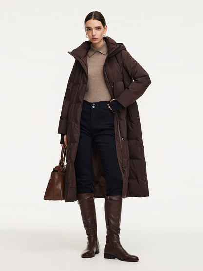Quilted Hooded Goose Down Wrap Overcoat