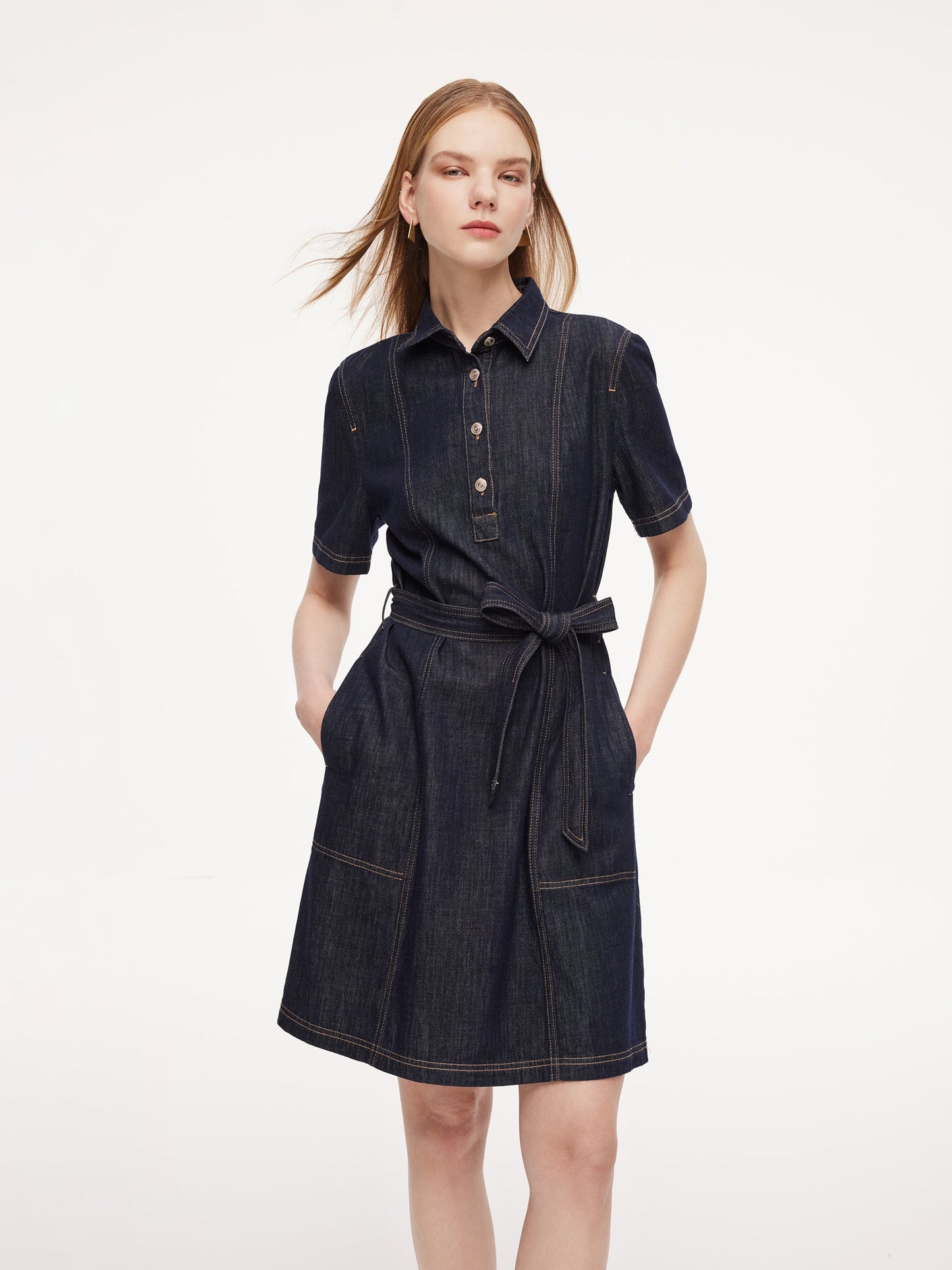 100% Cotton Denim Women A-Line Mini Shirt Dress With Self-Tie Belt