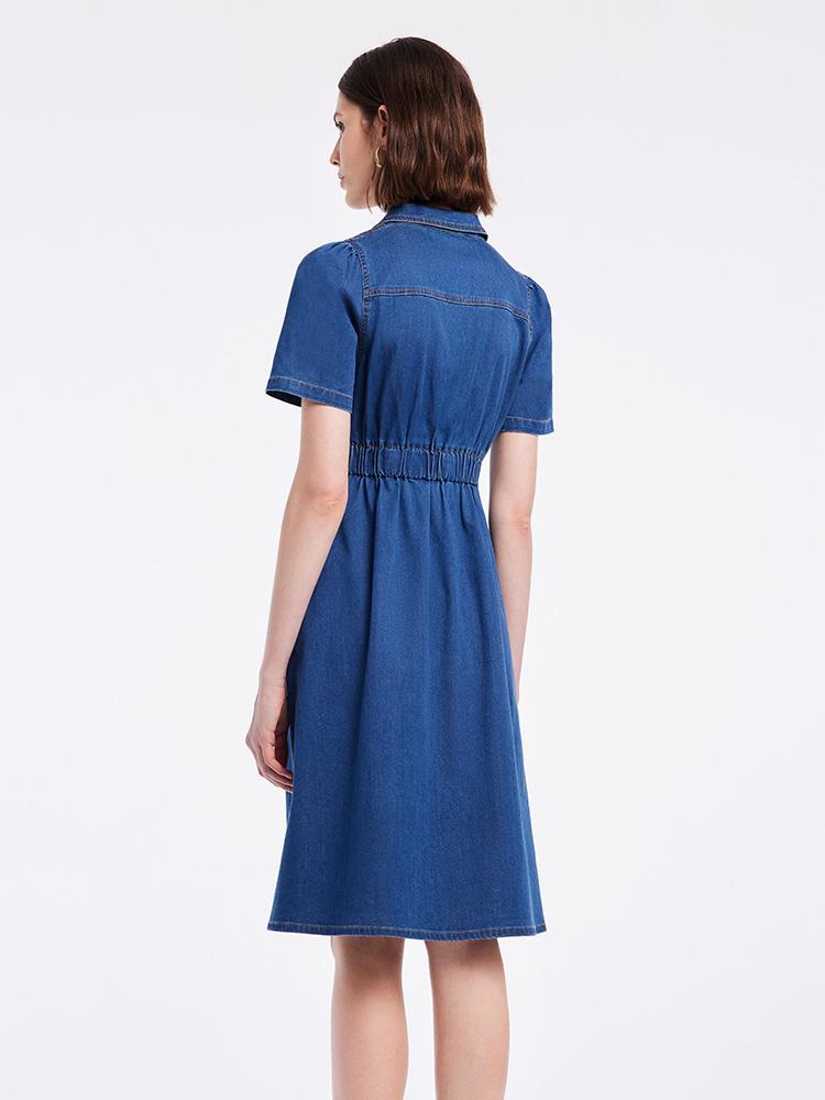 V-neck Gathered Waist Denim Midi Collared Dress