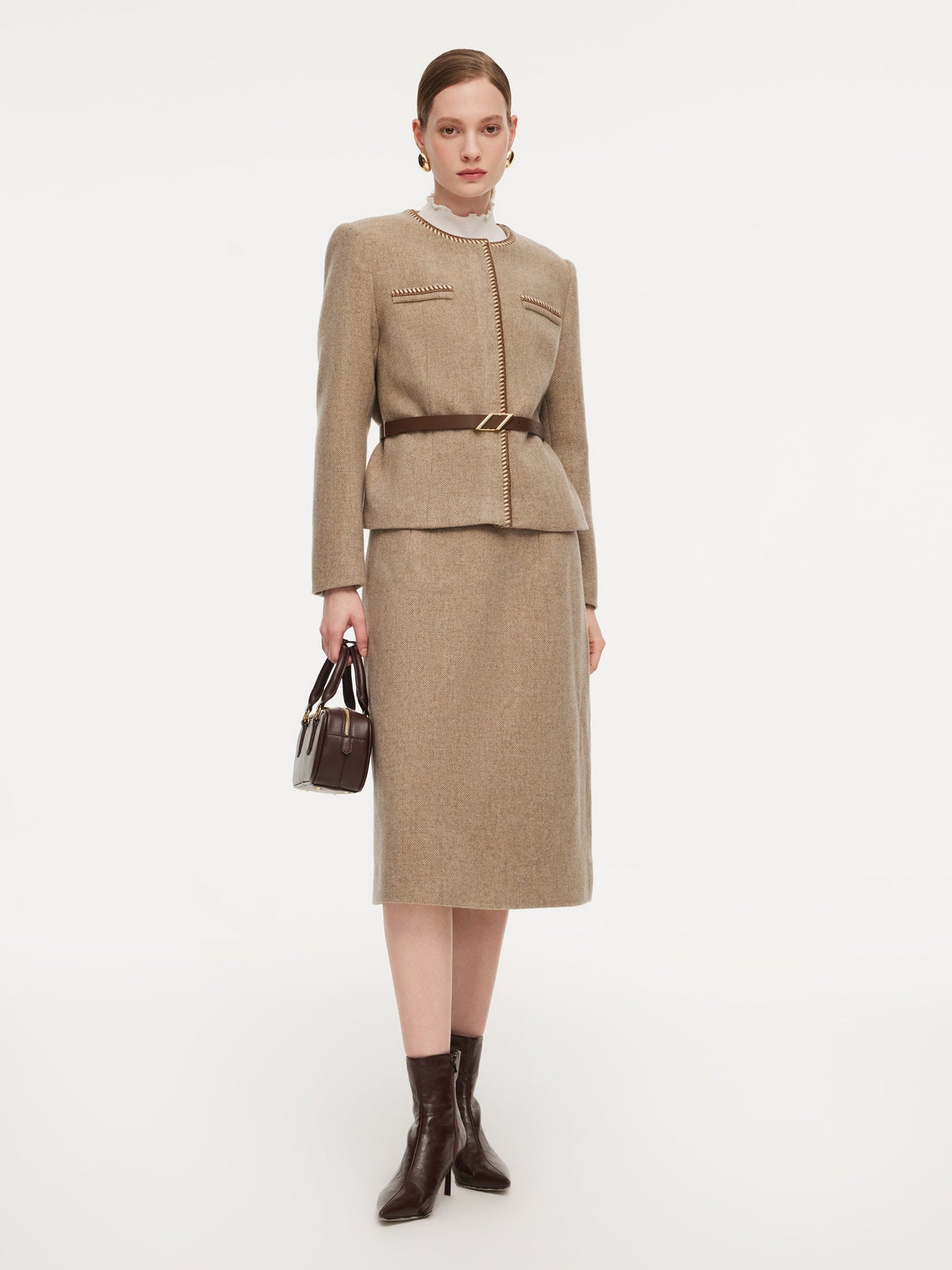 100% Washable Wool Jacket And Skirt Two-Piece Set With Belt