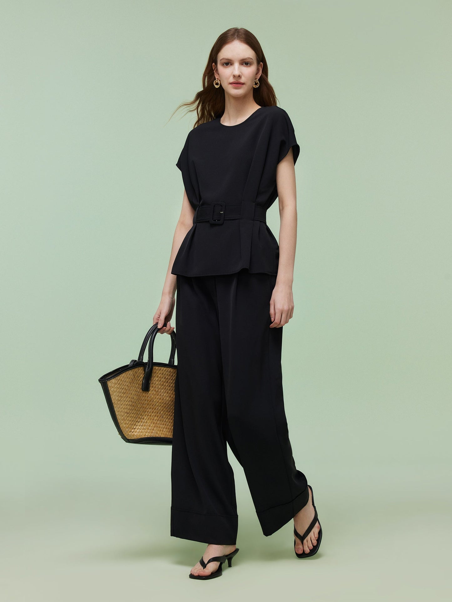 Four-Way Stretch Top And Ankle Length Pants Two-Piece Set With Belt