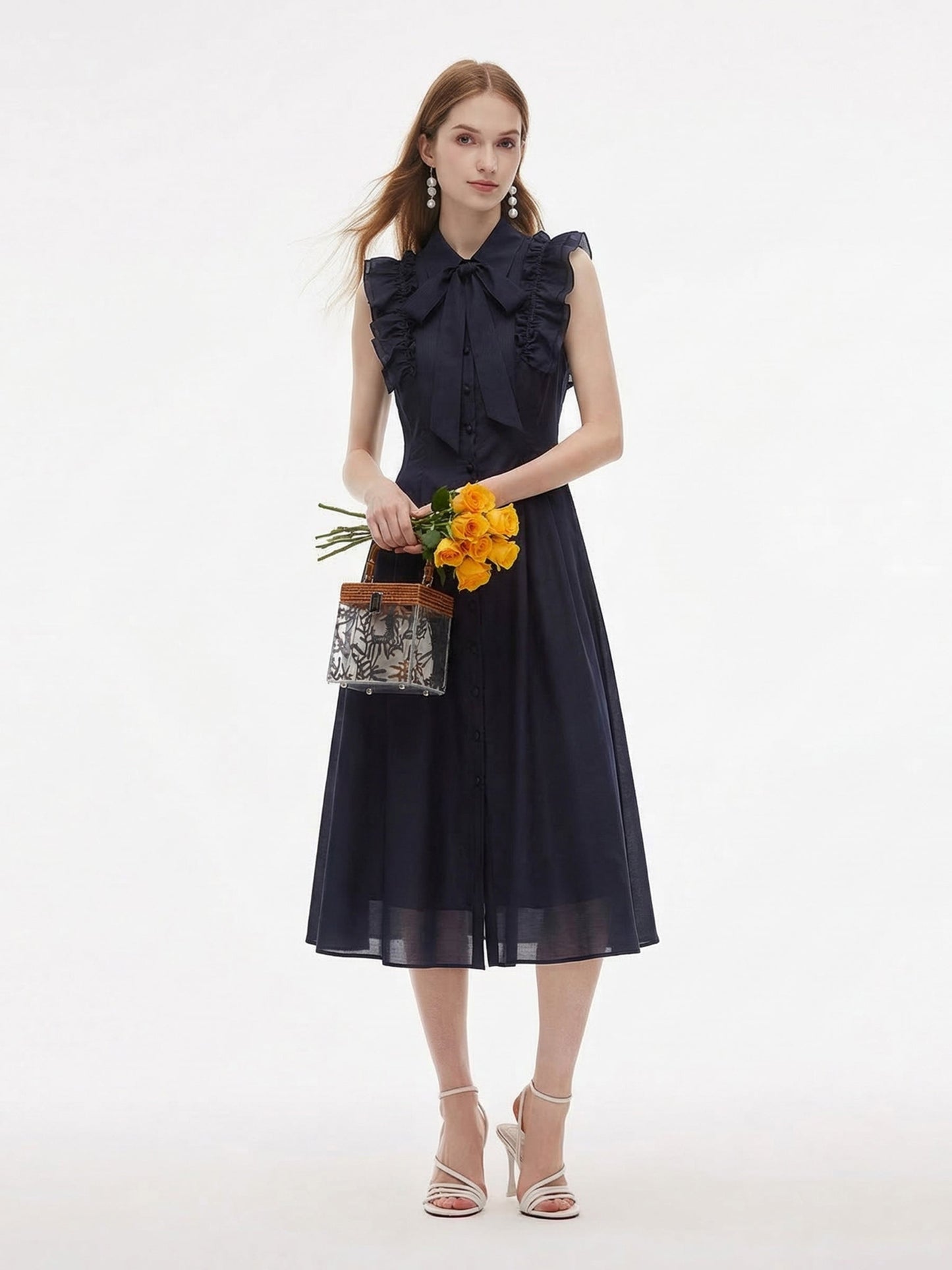 Lyocell Blend Ruffle Women Maxi Dress With Ribbon