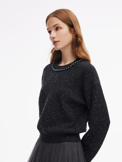 Sequins Beaded Round Neck Women Sweater