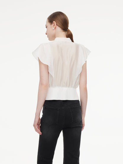 100% Cotton Ruffle Sleeve Women Blouse With Detachable Scarf Buckle