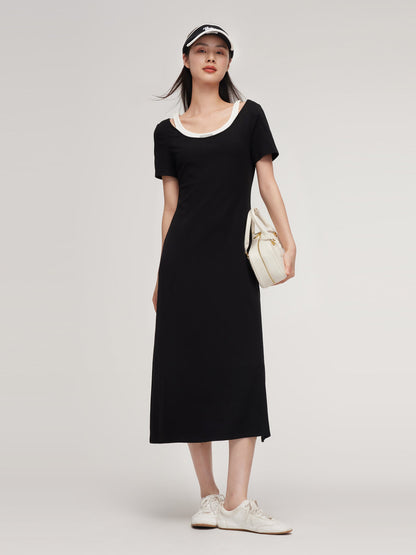 Pre-Order Faux Two-Piece Patchwork Slim Fit Women T-Shirt Maxi Dress