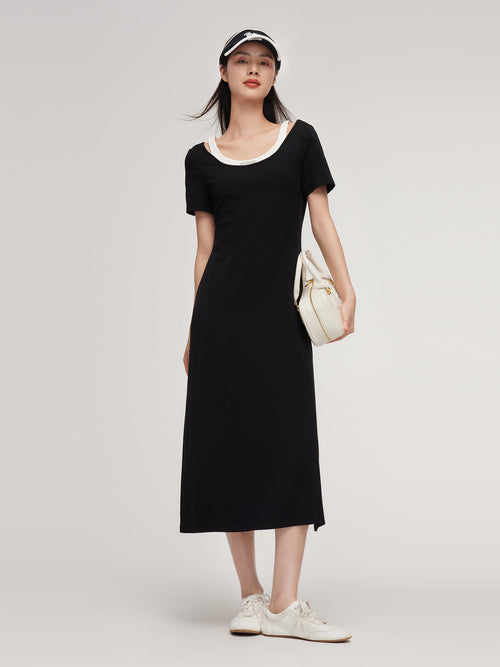 Pre-Order Faux Two-Piece Patchwork Slim Fit Women T-Shirt Maxi Dress