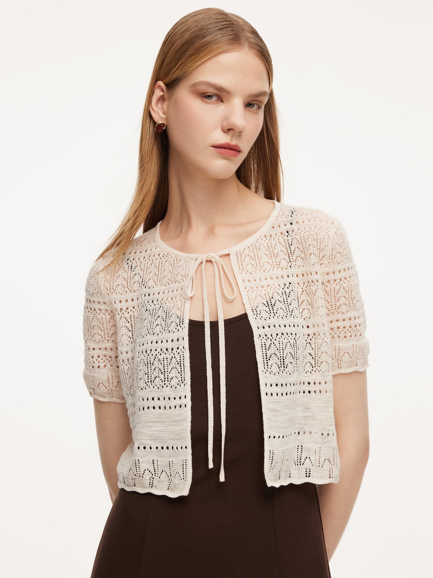 Tie Front Openwork Cardigan And Knit Strap Dress Two-Piece Set