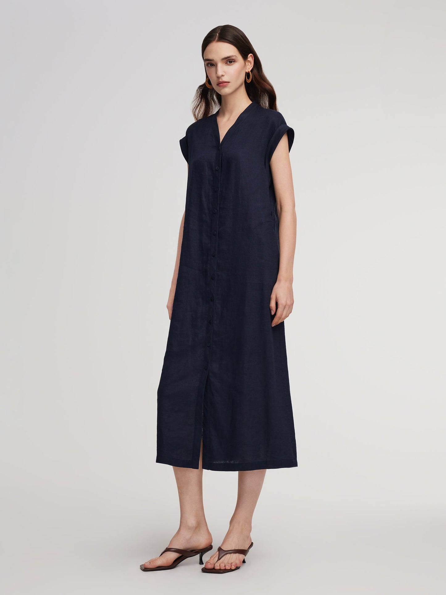 100% Linen V-Neck Women Self-Tie Belt Maxi Dress With Skirt Lining