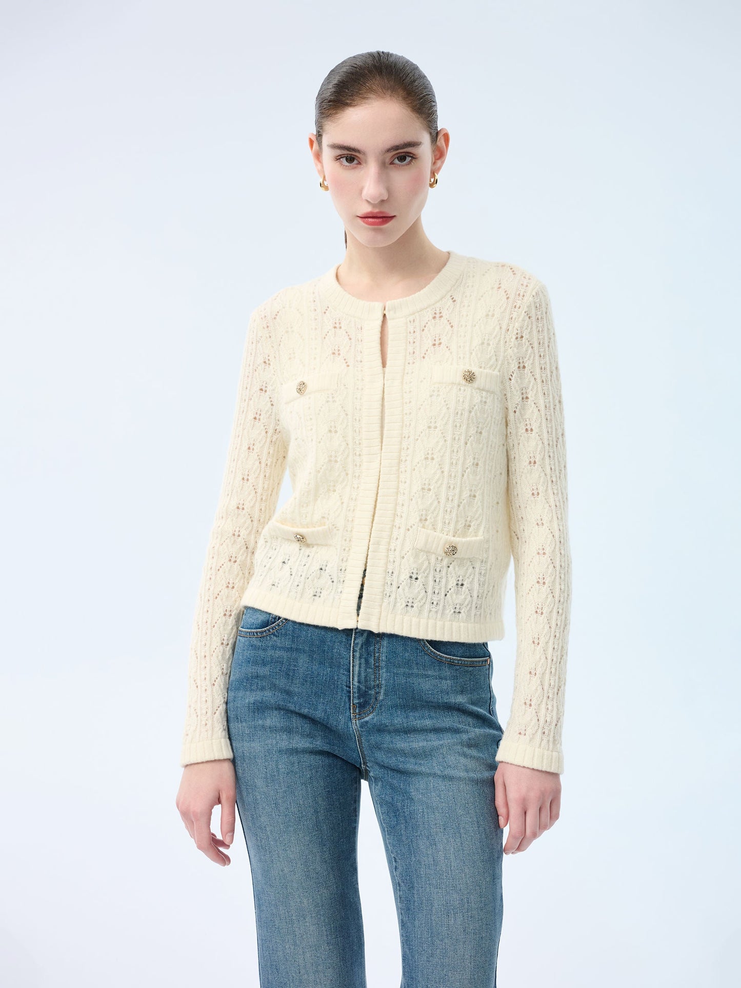 100% Wool Open Knit Women Cardigan