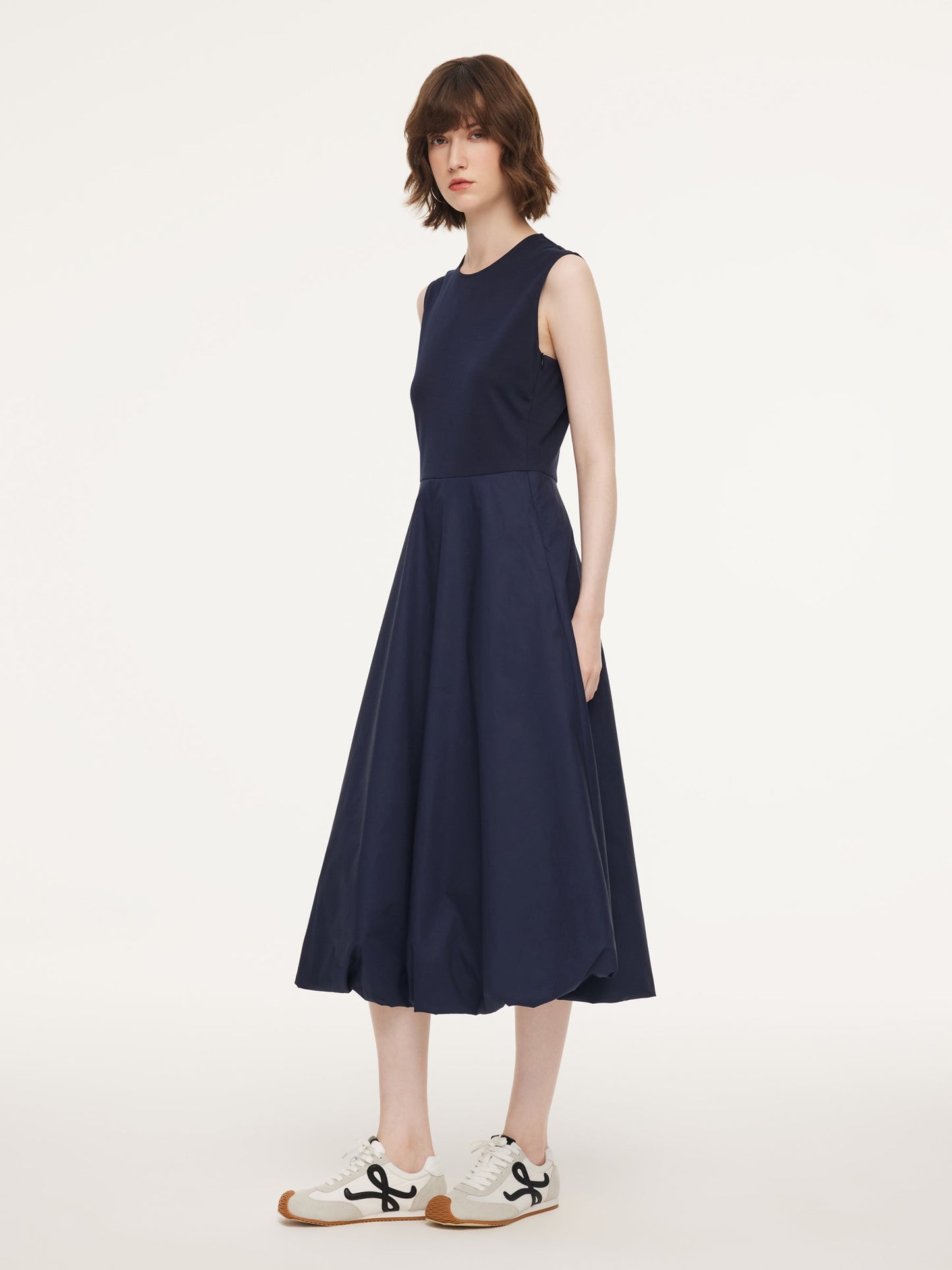 Dark Navy Bubble Hem Women Sleeveless Maxi Dress With Bag