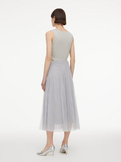 Elastic Waist A-Line Pleated Women Mesh Skirt