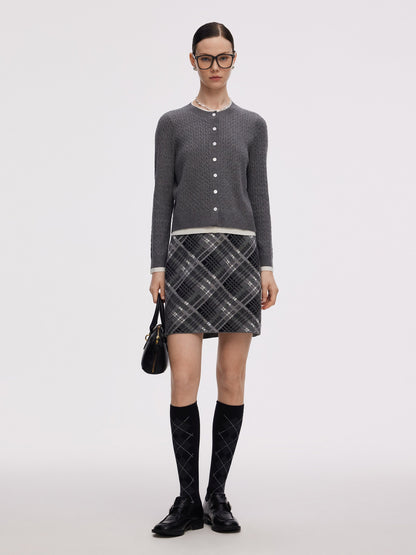 Faux-Layered Cardigan And Plaid Skirt Two-Piece Set