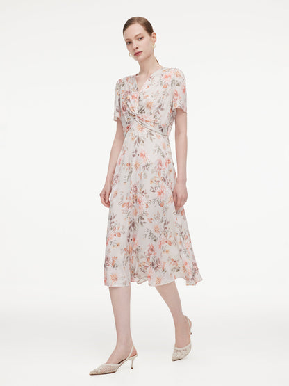 19MM Mulberry Silk Floral Print Twist Front Women Midi Dress