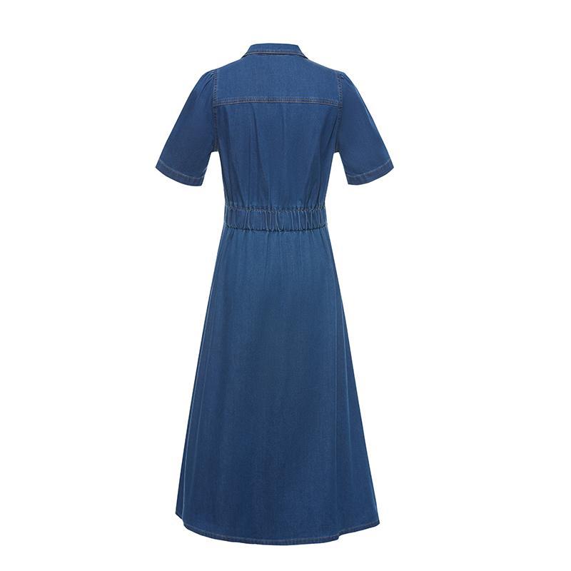 V-neck Gathered Waist Denim Midi Collared Dress