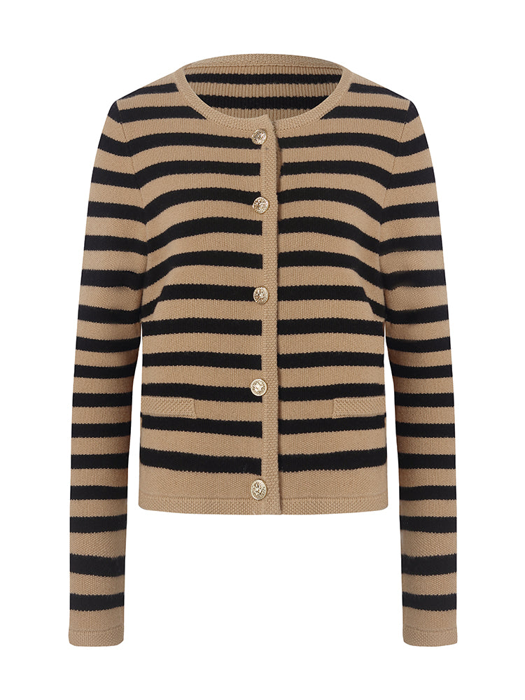 Button Up Woolen Striped Lady Cardigan