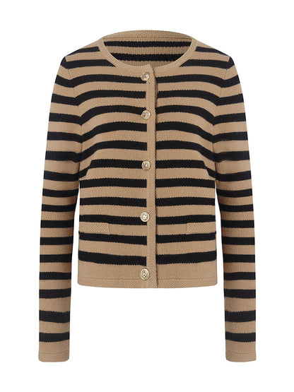Button Up Woolen Striped Lady Cardigan