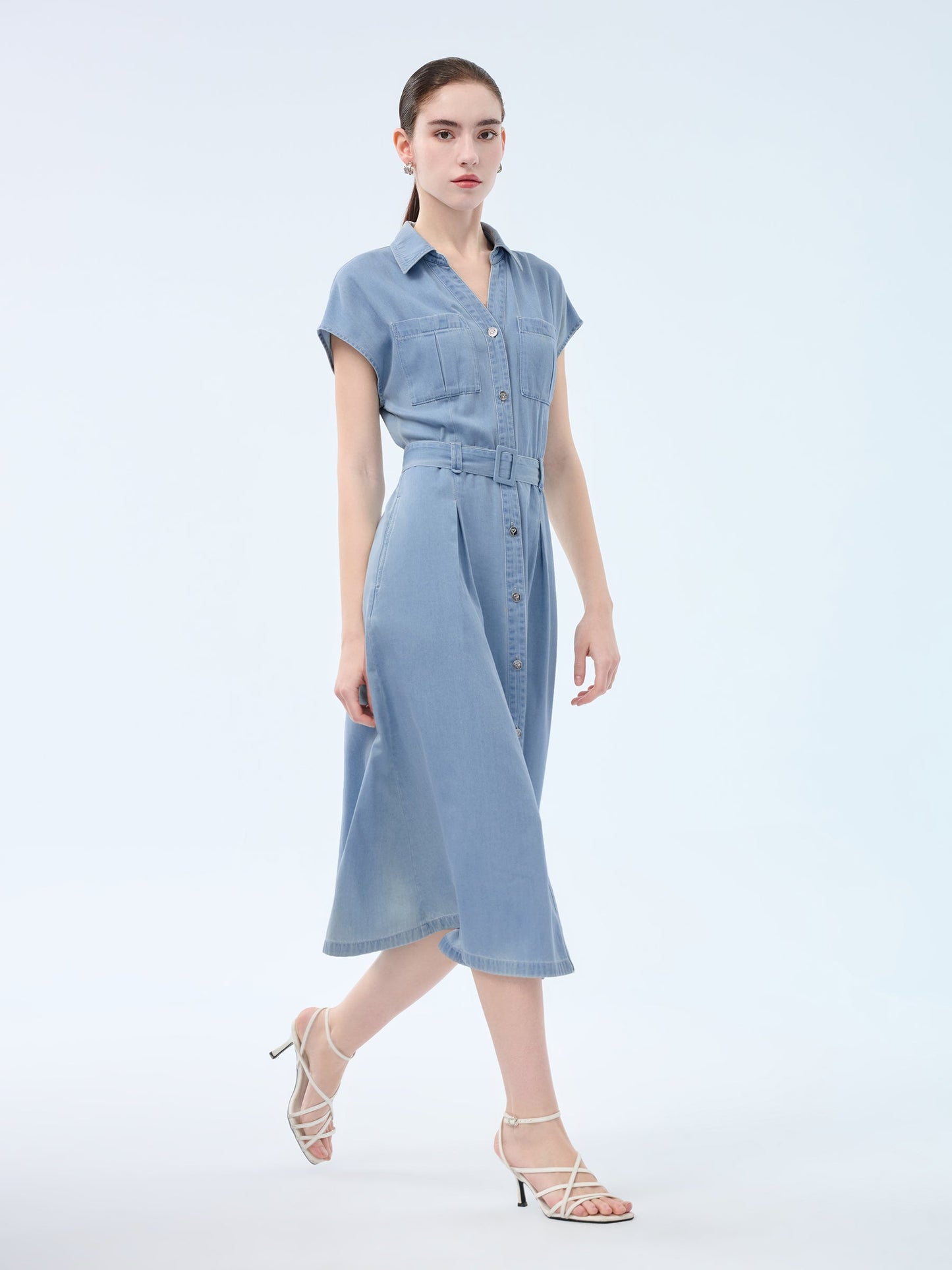 100% Cotton Denim Women V-Neck Maxi Shirt Dress With Belt