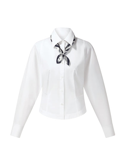 [Preview] Cotton Blend Gather-Waisted Women Shirt With Silk Scarf