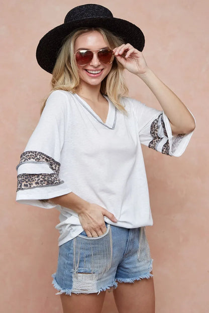 BiBi Triblend Knit Top with Leopard Band Detail