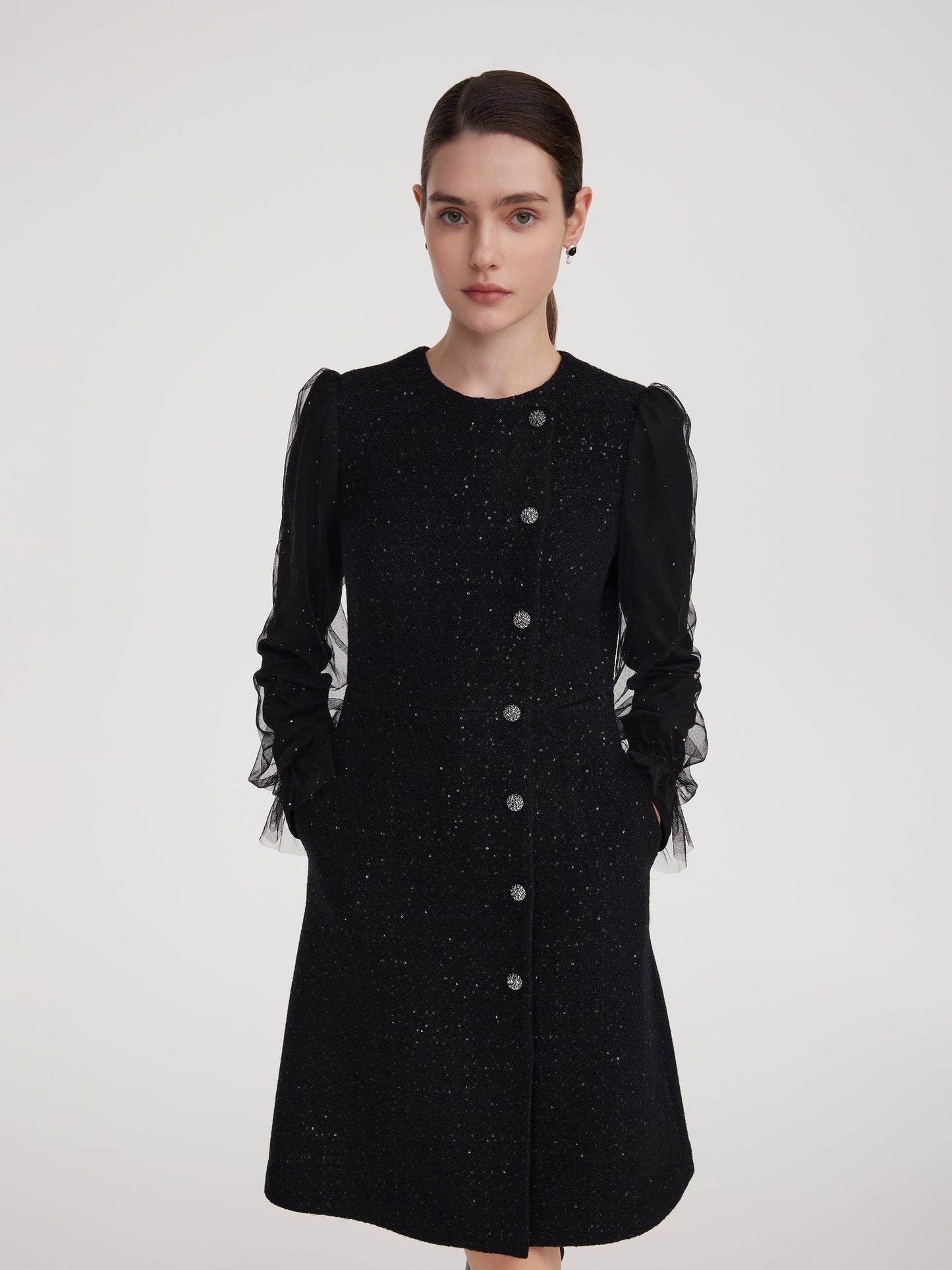Wool Blend Tweed Sequins Women Long Sleeve Mini Dress