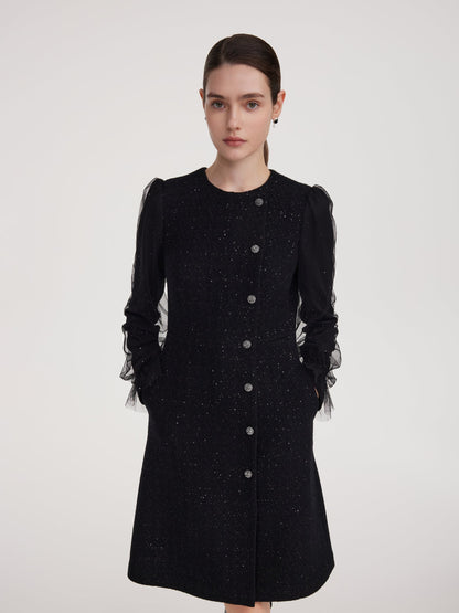 Wool Blend Tweed Sequins Women Long Sleeve Mini Dress