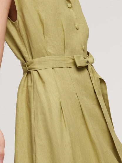 100% Linen Gathered Waist Women Self-Tie Belt Maxi Dress