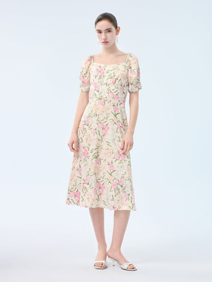 19MM Mulberry Silk Floral Print Women Square Neck Midi Dress