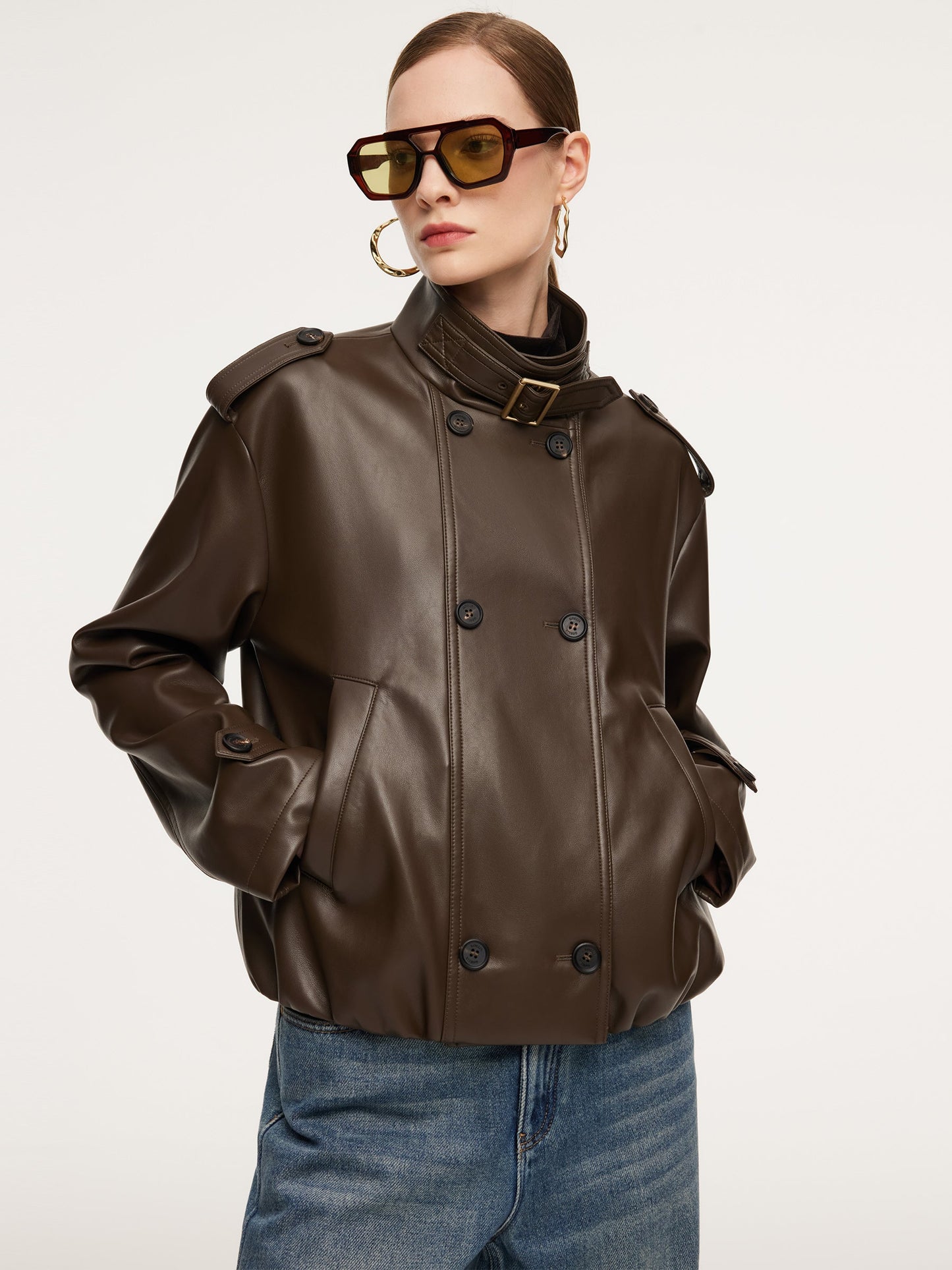 PU Leather Double-Breasted Women Trench Jacket