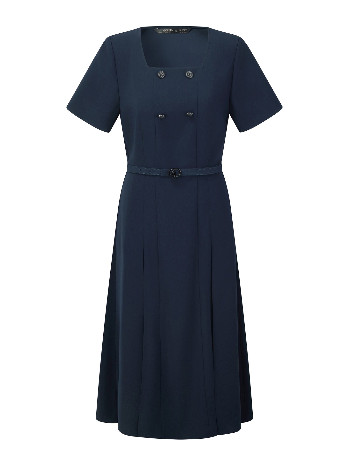 Triacetate Blend Square Neck Women Midi Dress With Belt