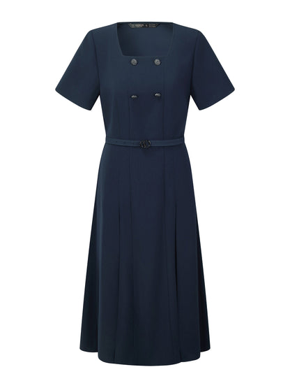 Triacetate Blend Square Neck Women Midi Dress With Belt