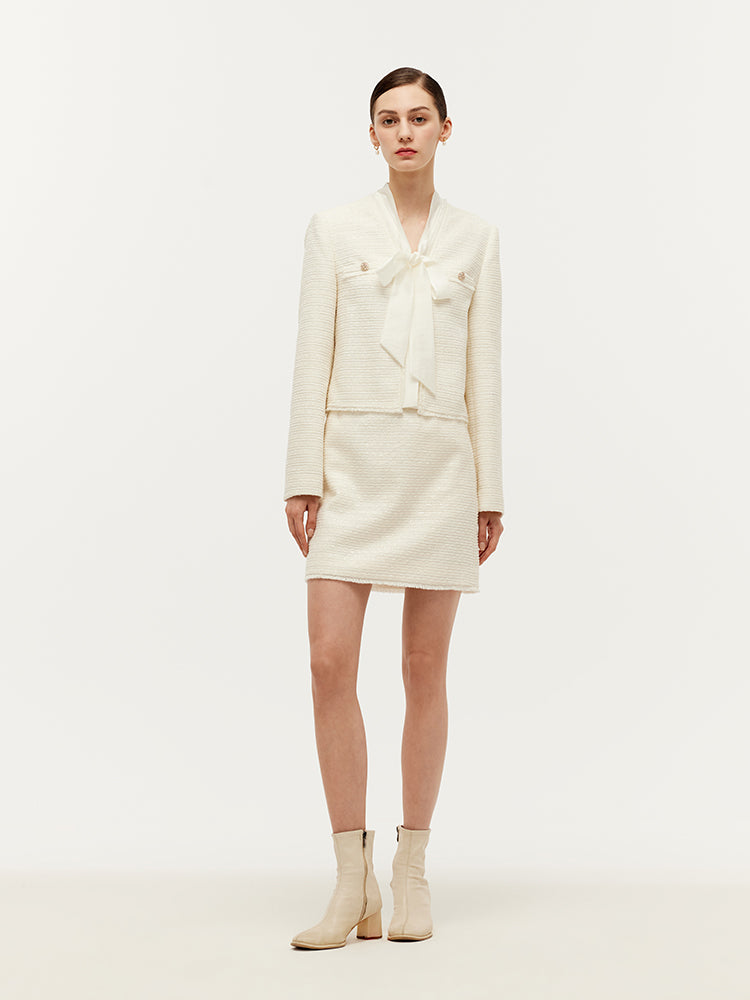 Tweed Bow Tie Neck Jacket And Mini Skirt Two-Piece Set