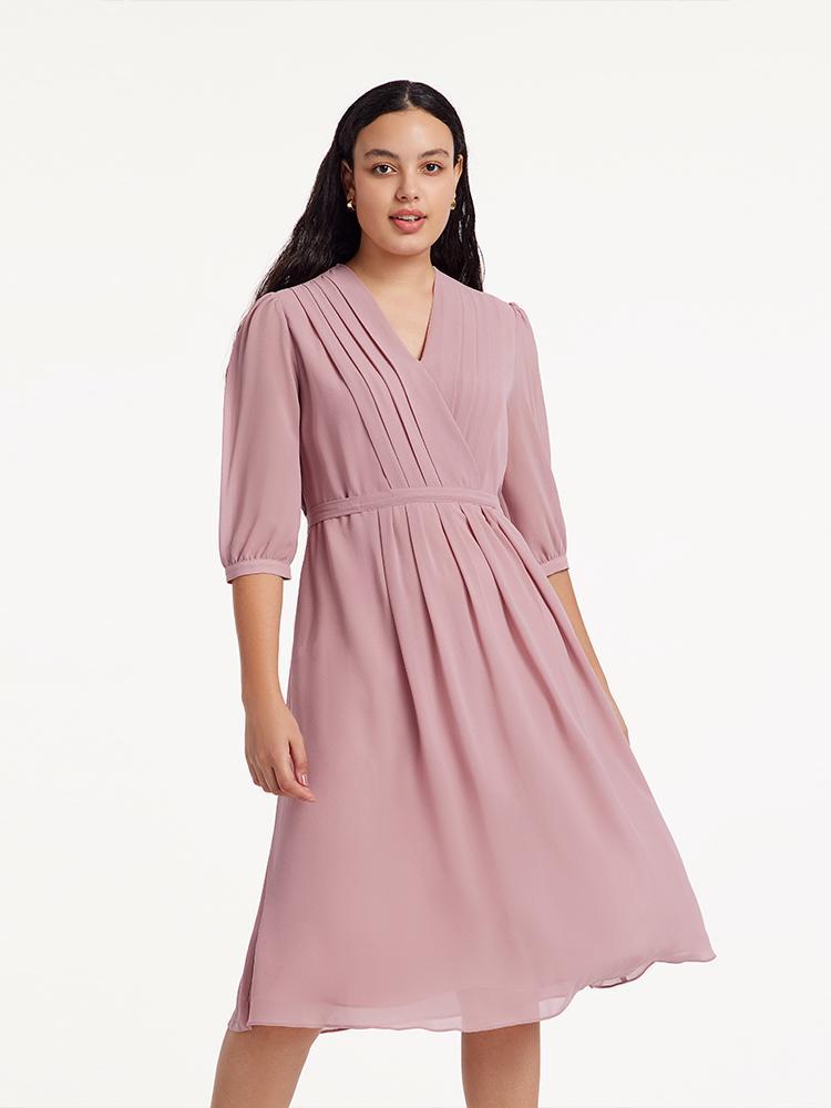 V-Neck Pleated Lace Up Wrap Midi Dress