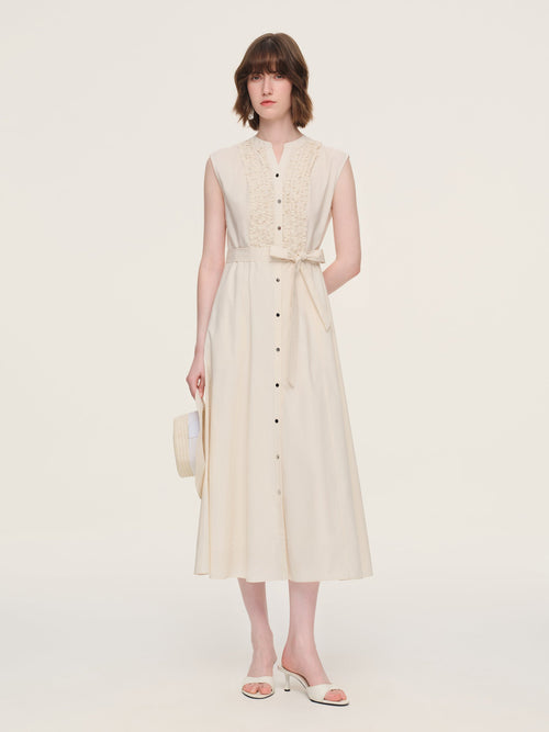 100% Cotton Gather-waisted Women Cap Sleeve Maxi Dress With Two Belts