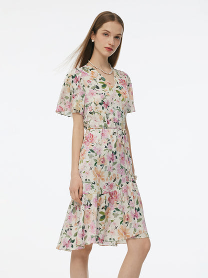 19MM Mulberry Silk Floral Print V-Neck Women Wrap Midi Dress