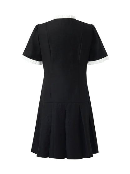 Ruffle Trim Pearl Buttons Women Mini Dress