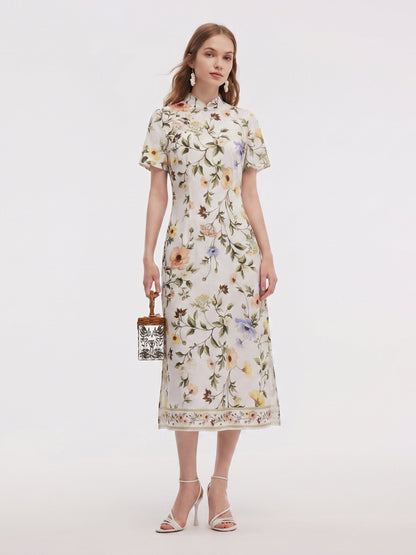 Tencel Linen Blend Floral Print Women Qipao Maxi Dress