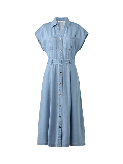 100% Cotton Denim Women V-Neck Maxi Shirt Dress With Belt
