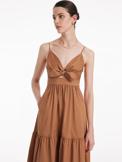 Cotton Spaghetti Strap Bowknot Tied Maxi Dress
