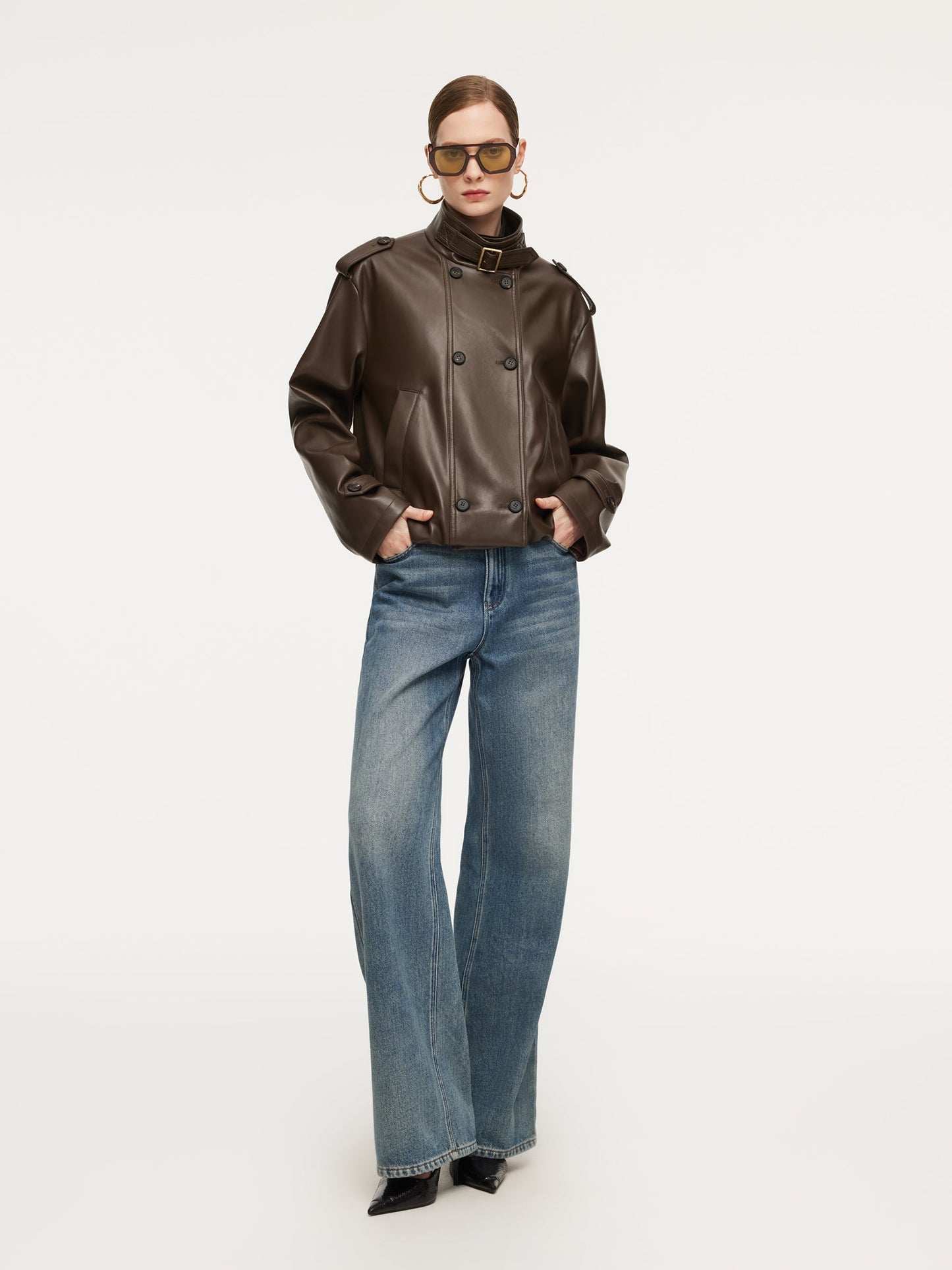 PU Leather Double-Breasted Women Trench Jacket