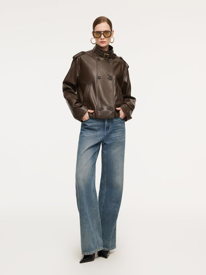 PU Leather Double-Breasted Women Trench Jacket