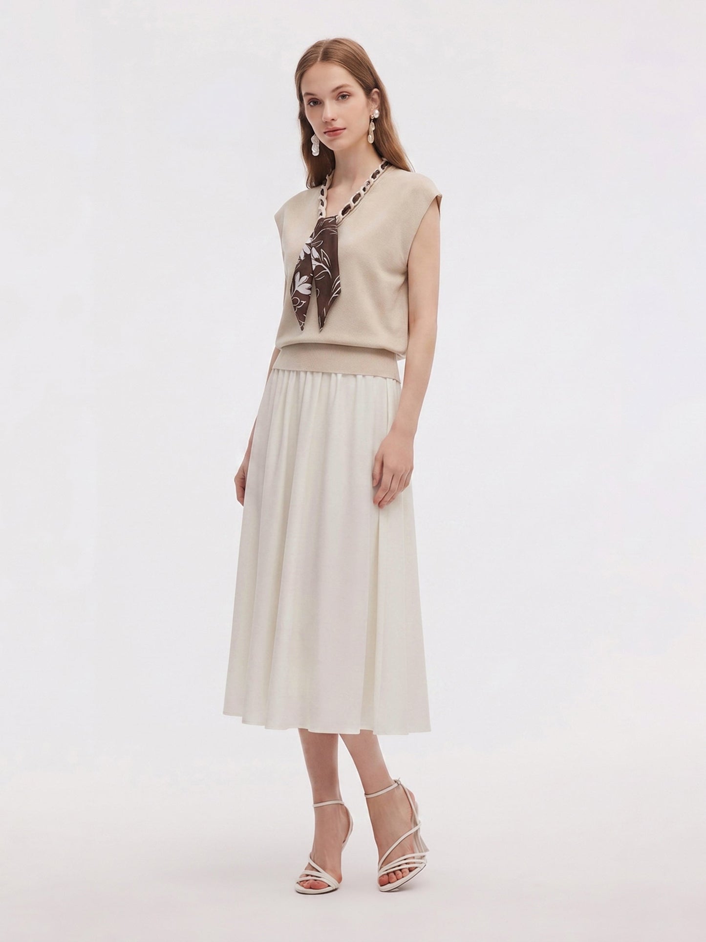 Pre-Order Silky Scarf Neck Knit Top And Acetate Blend Skirt Two-Piece Set
